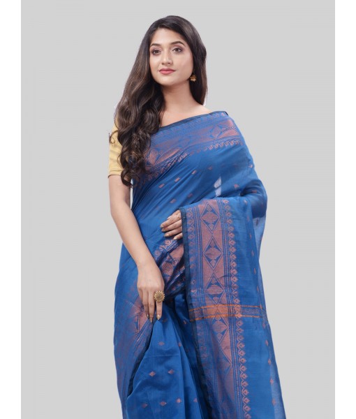 DESH BIDESH Women`s Bengal Cotton Silk Pure Handloom Cotton Saree Kohinoor Work With Blouse Piece(Light Blue)